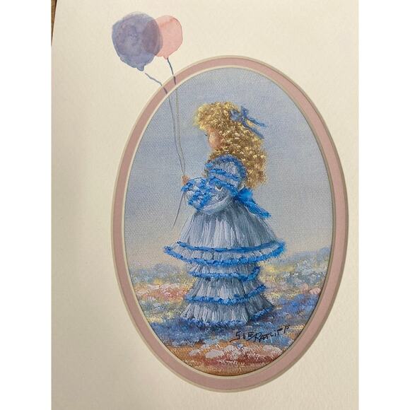 Two Sue Ratliff Matted Prints Young Girl Balloons Pastel Colors 8" x 10" - Picture 3 of 6